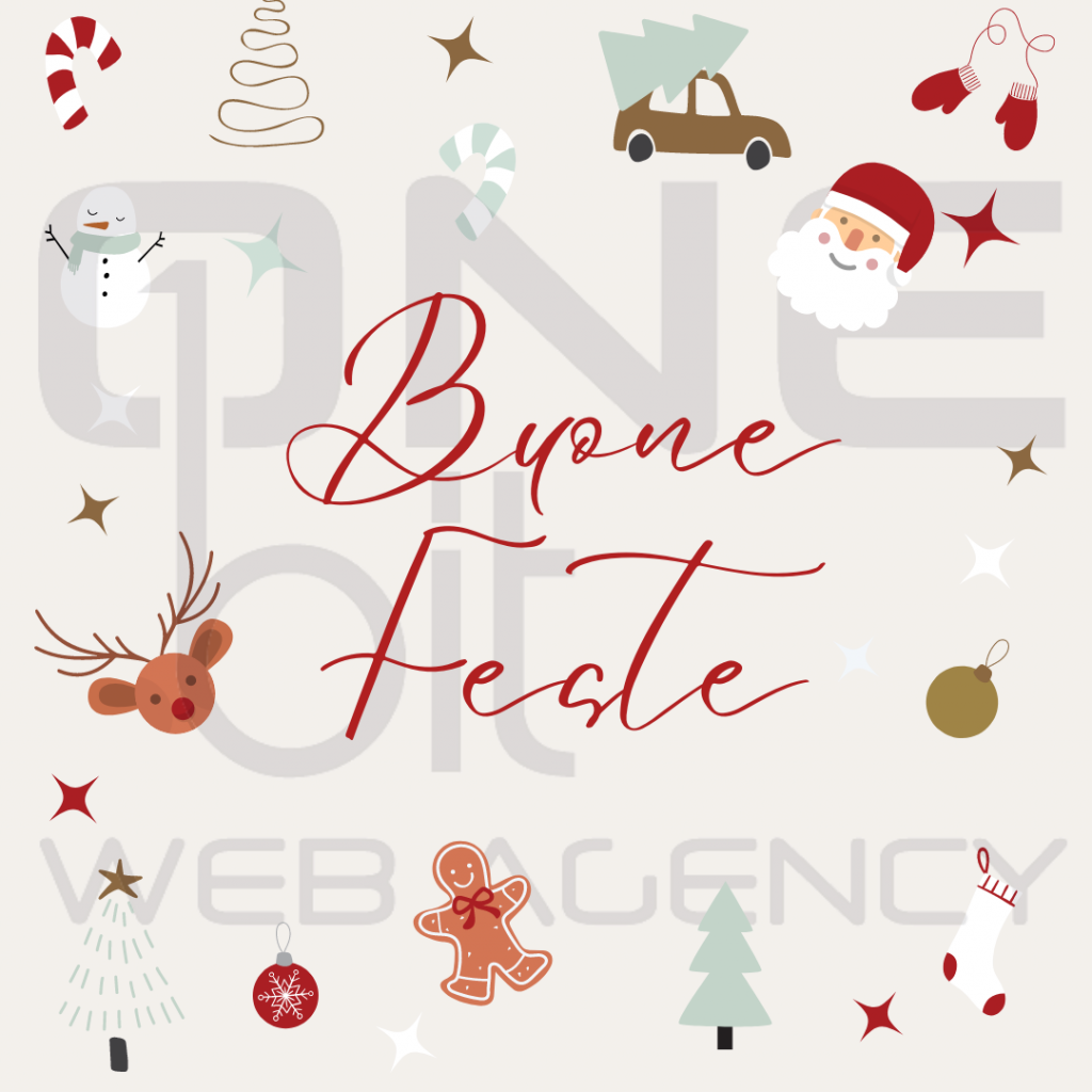 Cartolina digitale Buone Feste con icone natalizie: Babbo Natale, pupazzo, renna.