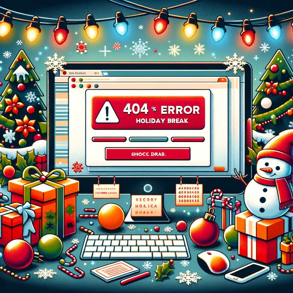Schermo con errore 404 "Holiday Break" tra decorazioni natalizie e regali.