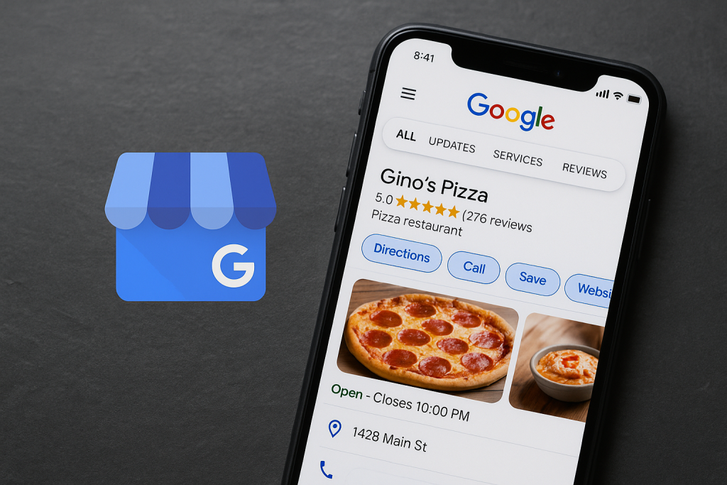 Logo Google My Business e smartphone con profilo Gino's Pizza