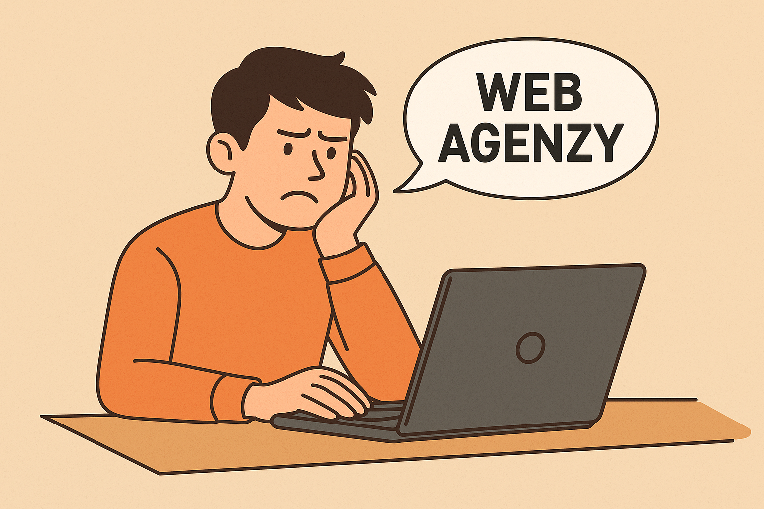 Illustrazione: uomo triste al PC, pensa a 'WEB AGENZY'.