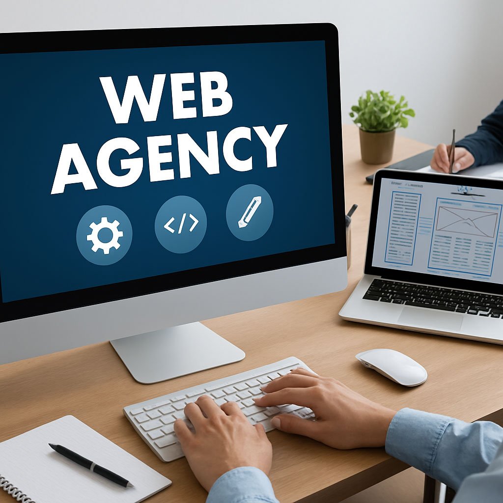 Schermo con 'WEB AGENCY', mani che digitano, laptop con design web. Ufficio.