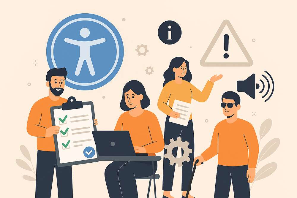 Illustrazione di un team che lavora per l'accessibilità digitale, con simboli inclusivi.