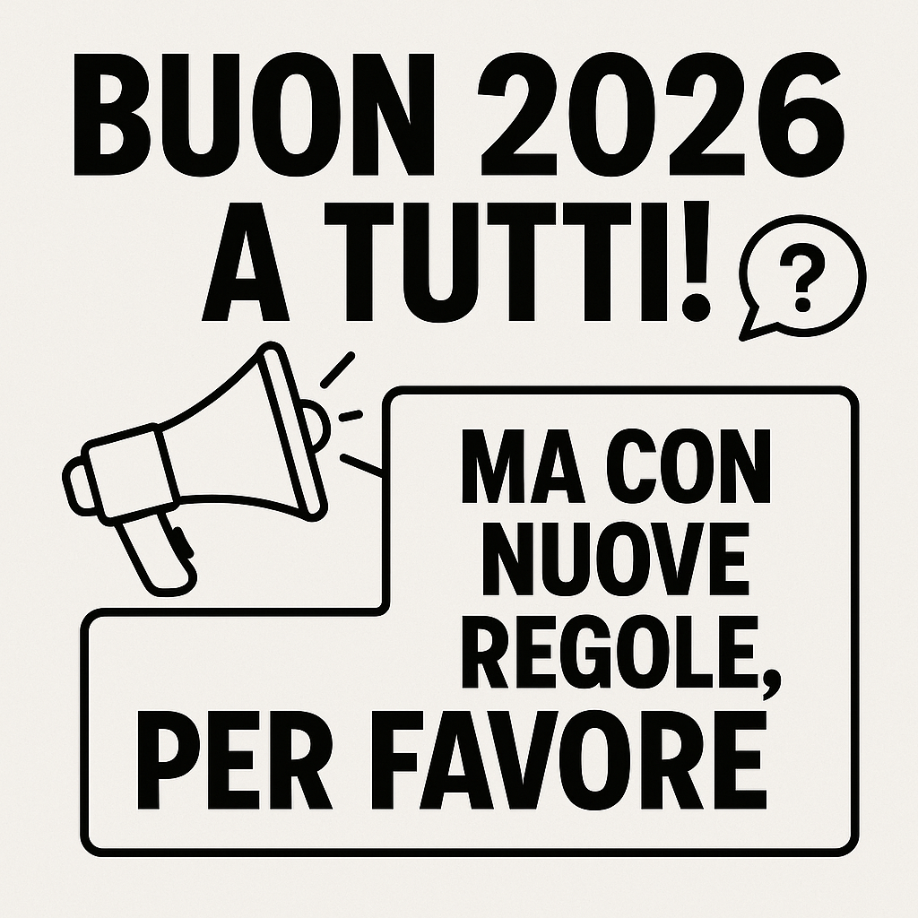 Auguri 2026 con richiesta di nuove regole, megafono e punto interrogativo.